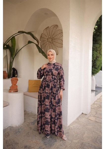 O Yaka Belden Bağcıklı Uzun Desenli Bol Rahat Elbise - (38-46) - 71287 - Mor fırsatları