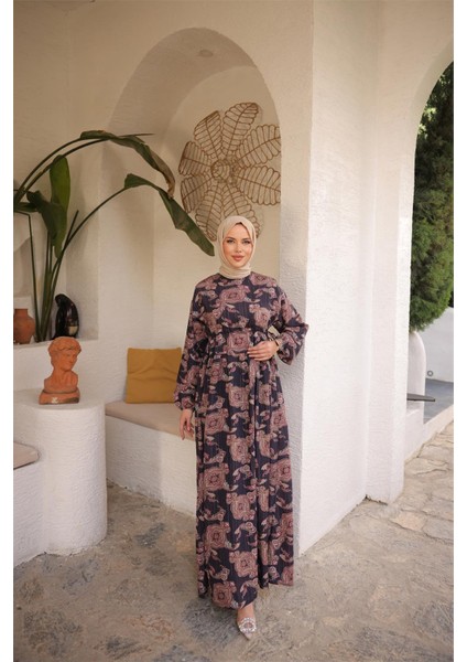 O Yaka Belden Bağcıklı Uzun Desenli Bol Rahat Elbise - (38-46) - 71287 - Mor indirimleri