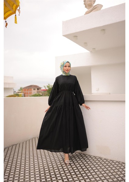 Belden Bağcıklı Geniş Uzun Kollu Büzgülü Uzun Elbise - (38-46) - 71289 - Siyah fiyatları