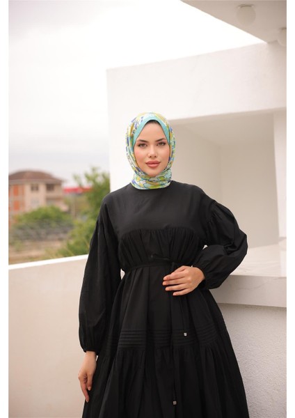 Belden Bağcıklı Geniş Uzun Kollu Büzgülü Uzun Elbise - (38-46) - 71289 - Siyah fırsatları