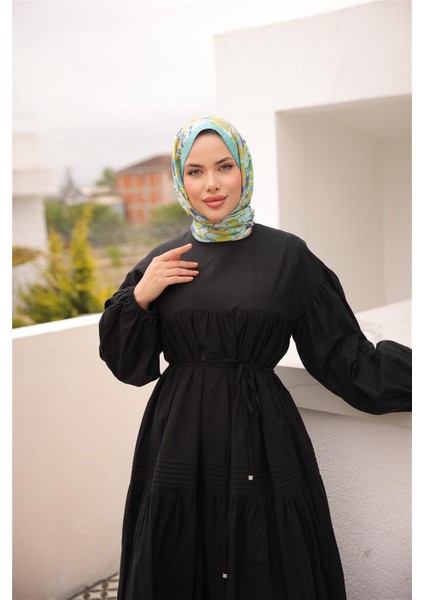 Belden Bağcıklı Geniş Uzun Kollu Büzgülü Uzun Elbise - (38-46) - 71289 - Siyah indirimleri