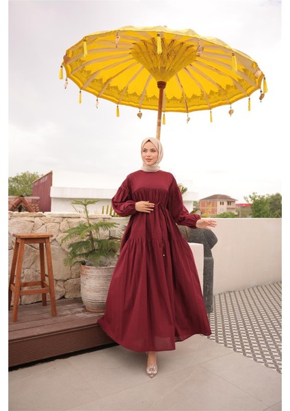 Belden Bağcıklı Geniş Uzun Kollu Büzgülü Uzun Elbise - (38-46) - 71289 - Bordo