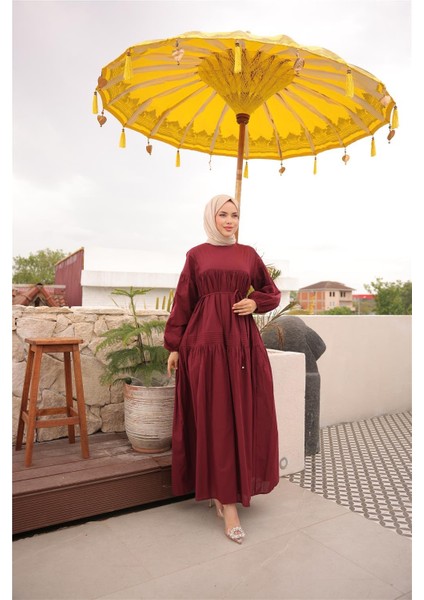 Belden Bağcıklı Geniş Uzun Kollu Büzgülü Uzun Elbise - (38-46) - 71289 - Bordo fiyatları