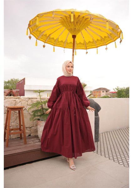 Belden Bağcıklı Geniş Uzun Kollu Büzgülü Uzun Elbise - (38-46) - 71289 - Bordo modelleri