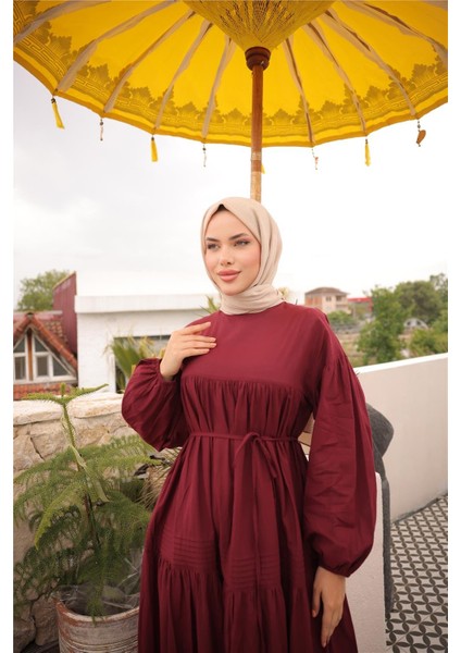 Belden Bağcıklı Geniş Uzun Kollu Büzgülü Uzun Elbise - (38-46) - 71289 - Bordo fırsatları