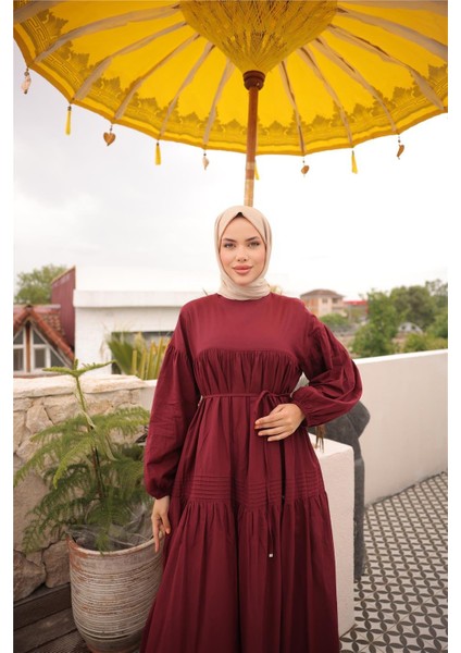 Belden Bağcıklı Geniş Uzun Kollu Büzgülü Uzun Elbise - (38-46) - 71289 - Bordo indirimleri