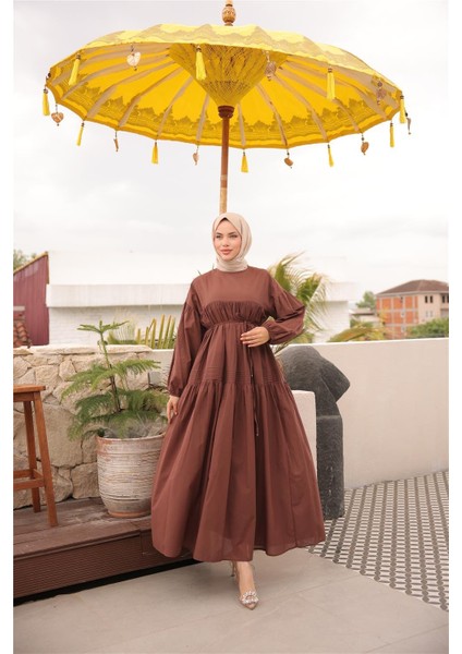 Belden Bağcıklı Geniş Uzun Kollu Büzgülü Uzun Elbise - (38-46) - 71289 - Kahverengi