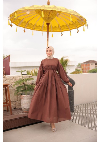 Belden Bağcıklı Geniş Uzun Kollu Büzgülü Uzun Elbise - (38-46) - 71289 - Kahverengi fiyatları