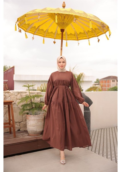 Belden Bağcıklı Geniş Uzun Kollu Büzgülü Uzun Elbise - (38-46) - 71289 - Kahverengi modelleri