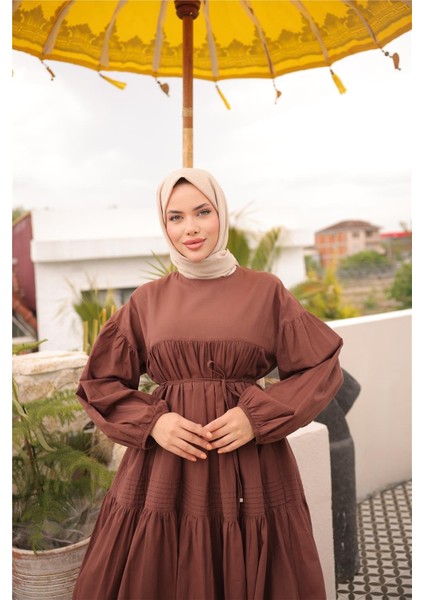 Belden Bağcıklı Geniş Uzun Kollu Büzgülü Uzun Elbise - (38-46) - 71289 - Kahverengi fırsatları