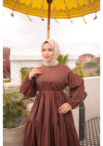 Belden Bağcıklı Geniş Uzun Kollu Büzgülü Uzun Elbise - (38-46) - 71289 - Kahverengi indirimleri