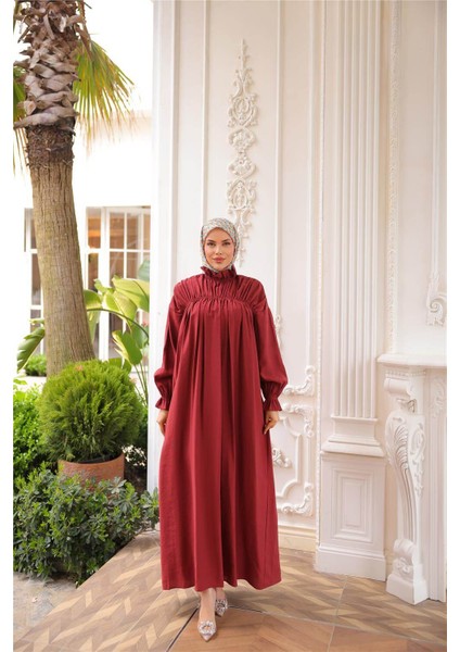 Balıkçı Dik Yaka Kolları Lastikli Bol Kesim Büzgülü Uzun Elbise - (38-46) - 71270 - Bordo fiyatları