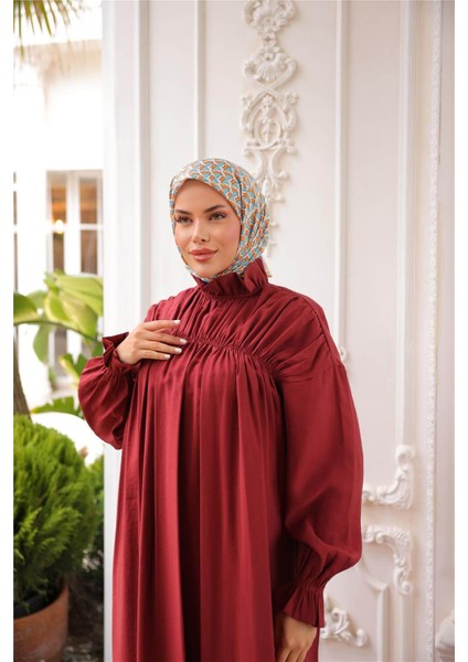 Balıkçı Dik Yaka Kolları Lastikli Bol Kesim Büzgülü Uzun Elbise - (38-46) - 71270 - Bordo indirimleri