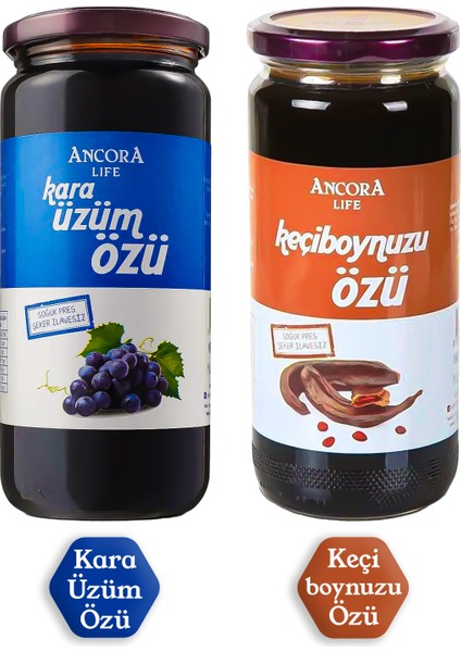 2'li Avantaj Paketi - Keçiboynuzu Özü, Kara Üzüm Özü - Şeker İlavesiz Soğuk Sıkım 640 Gr x 2 Adet