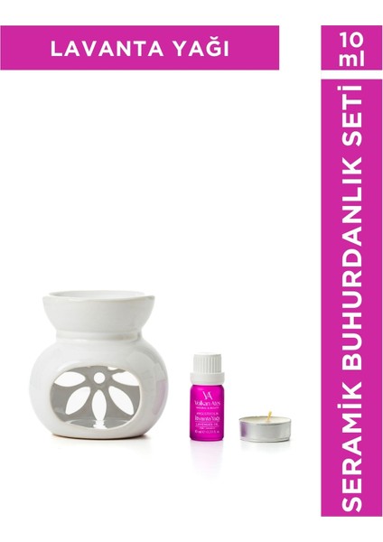 Beyaz Seramik Buhurdanlık Seti, Lavanta Yağı ve Mum ile Huzurlu Atmosfer