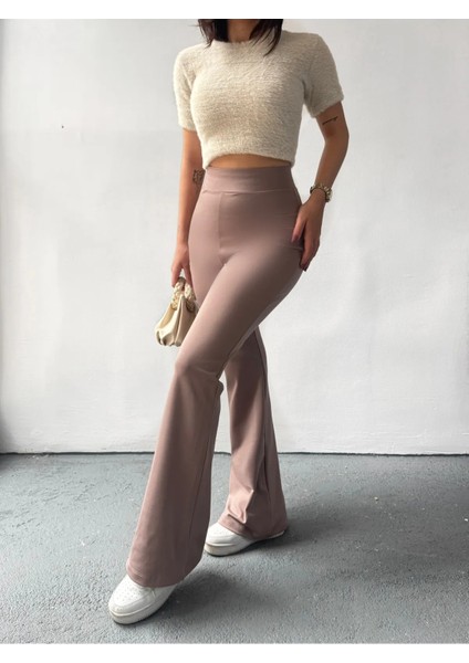 Kadın Vizon Ispanyol Paça Dalgıç Kumaş Yüksek Bel Likralı Toparlayıcı Tayt Pantolon