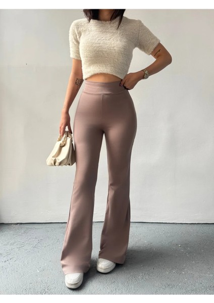 Kadın Vizon Ispanyol Paça Dalgıç Kumaş Yüksek Bel Likralı Toparlayıcı Tayt Pantolon modelleri