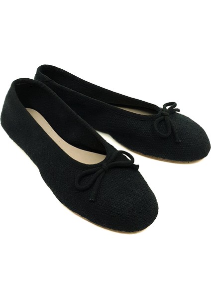 Siyah Keten Kumaş Barefoot Babet Ayakkabı