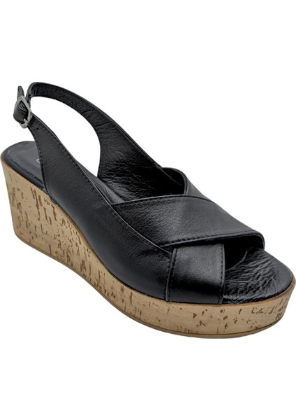 Hermosa - Kadın Dolgu Topuklu Hakiki Deri Sandalet - Siyah - 36
