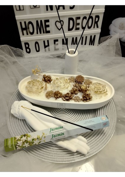 Beyaz Botanik Tabakta Mum, Tütsü ve Tütsülük Seti