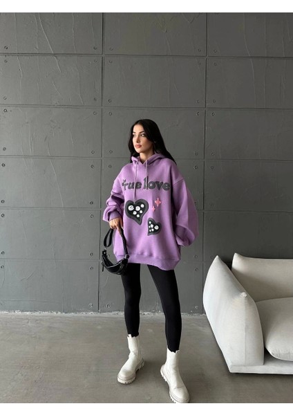 3 Iplik Şardonlu Oversize Compact True Baskılı Sweat Mor