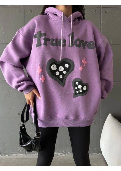 3 Iplik Şardonlu Oversize Compact True Baskılı Sweat Mor