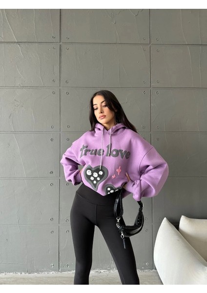 3 Iplik Şardonlu Oversize Compact True Baskılı Sweat Mor