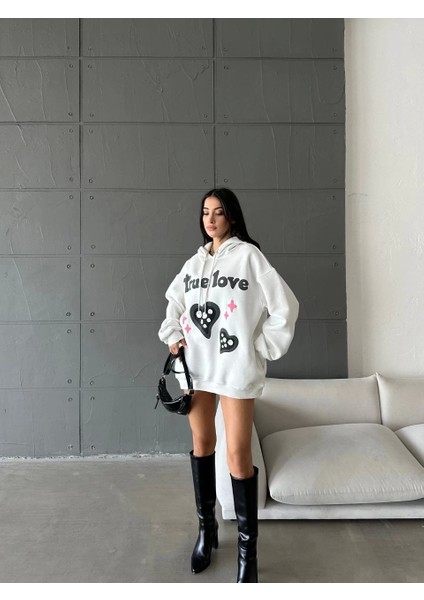 3 Iplik Şardonlu Oversize Compact True Baskılı Sweat Beyaz