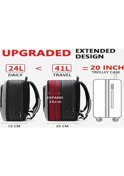 B00227 40L Genişletilebilir 17\" Laptop Sırt Çantası USB Şarj Portlu Siyah fiyatları