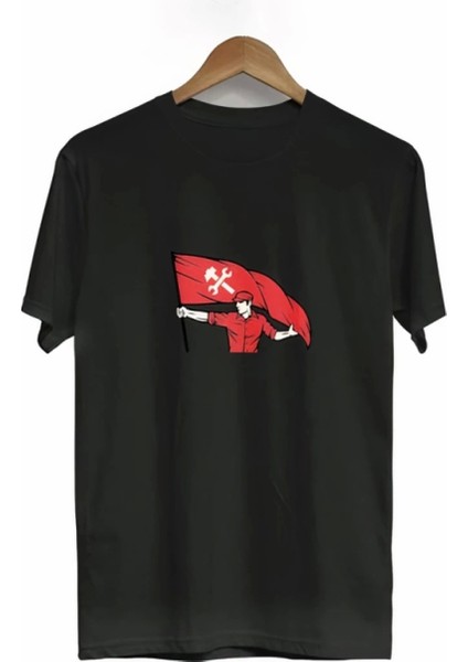 1 Mayıs Emekçilerimiz Için Özel Tasarım Bayraklı Emekçi Baskılı T-Shirt - Siyah