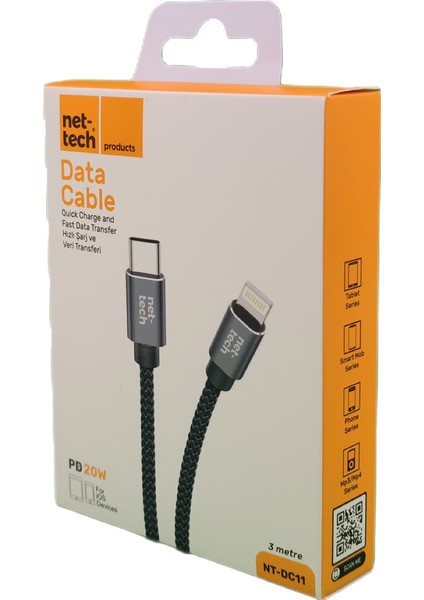 NT-DC11 Pd 20W Ip Örgü 300 cm Type-C To Lightning Şarj ve Data Kablosu (Siyah) modelleri