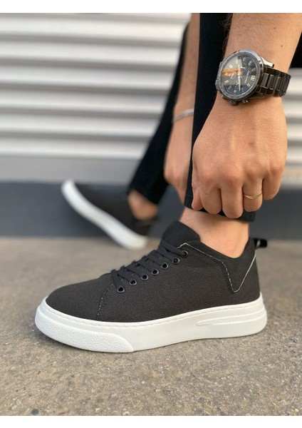 JY204 Flex Bağcıklı Keten Kumaş Erkek Günlük Sneaker Ayakkabı Kbt - Siyah