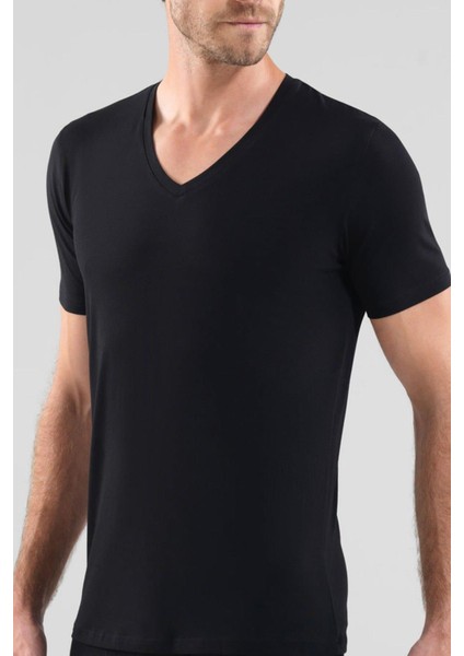 Erkek Aura Siyah Kısa Kol V Yaka T-Shirt C8T0N5O9