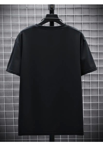 Baskılı Oversize Bisiklet Yaka T-Shirt - Siyah modelleri