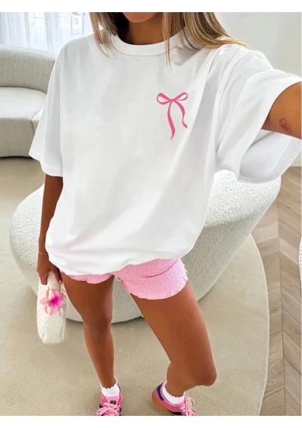 Fiyonk Baskılı Oversize Bisiklet Yaka T-Shirt - Beyaz