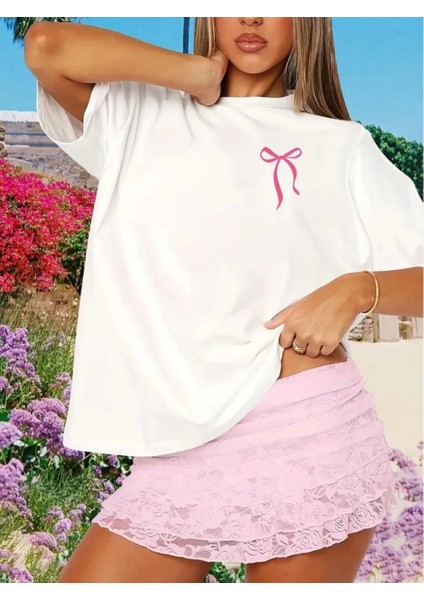 Fiyonk Baskılı Oversize Bisiklet Yaka T-Shirt - Beyaz fiyatları