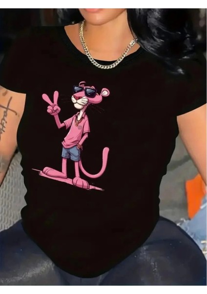 Pembe Panter Baskılı Oversize Bisiklet Yaka T-Shirt - Beyaz fırsatları