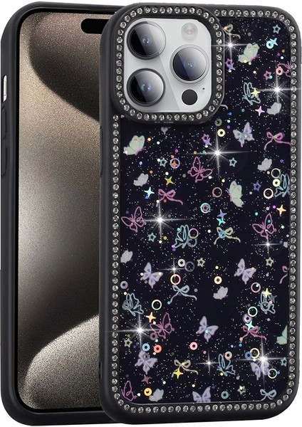 Apple iPhone 14 Pro Uyumlu Kılıf Taşlı ve Simli Tasarım Azra Kapak
