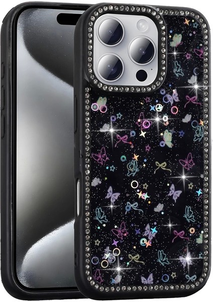 Apple iPhone 16 Pro Uyumlu Kılıf Taşlı ve Simli Tasarım Azra Kapak