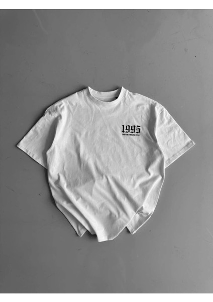 Baskılı Oversize Bisiklet Yaka T-Shirt - Beyaz