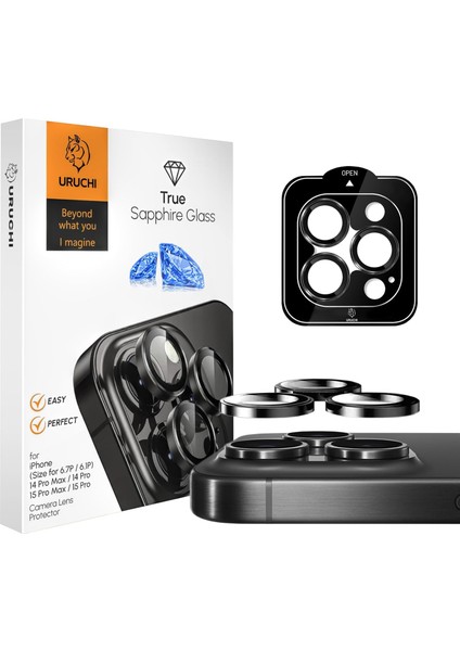 Apple iPhone 16 Pro Max / 16 Pro / 15 Pro Max / 15 Pro / 14 Pro Max / 14 Pro Safir Premıum Kamera Lens Koruyucu, [orijinal Tasarım] Çizilmez 9h Temperli Cam Kamera Koruyucu, Metal Lens, Siyah