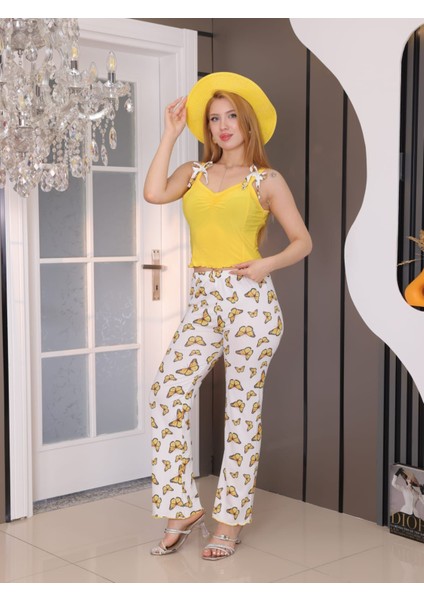 Askılı Pantolon Likra Kumaş Mavi Renk Kelebek Desen 2 Li Pijama Takım