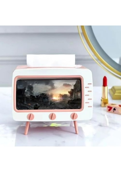 Retro Telefon Tutucu, Masaüstü Peçetelik Cep Telefonu Standı, (Pembe Dekoratif Şık)
