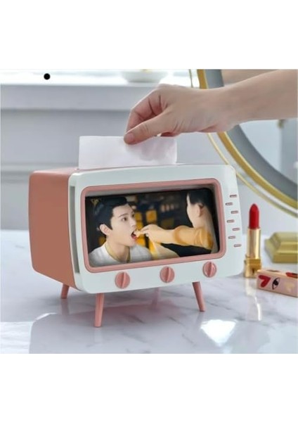 Retro Telefon Tutucu, Masaüstü Peçetelik Cep Telefonu Standı, (Pembe Dekoratif Şık)
