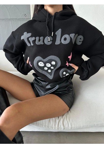 3 Iplik Şardonlu Oversize Compact True Baskılı Sweat Siyah