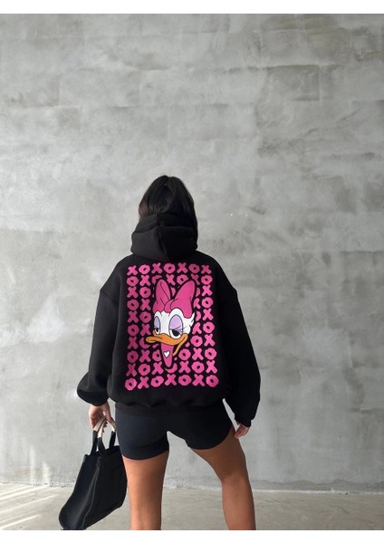 3 Iplik Şardonlu Oversize Compact Ördek Baskılı Sweat Siyah