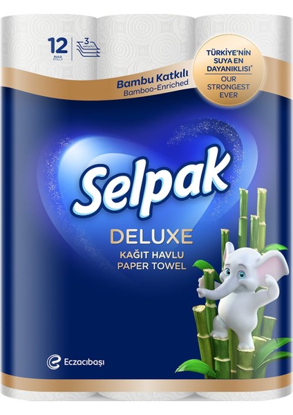 Deluxe Bambu Katkılı Kağıt Havlu 12 Rulo 2 Katlı Dayanıklı ve Ultra Emici