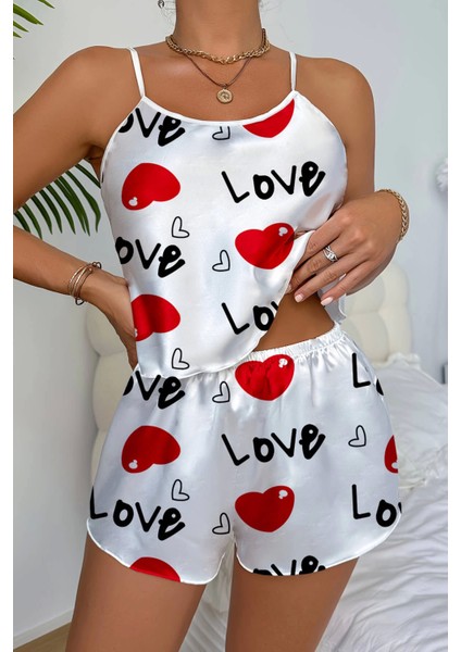 Love Desenli Beyaz Saten Şortlu Gecelik Takım modelleri