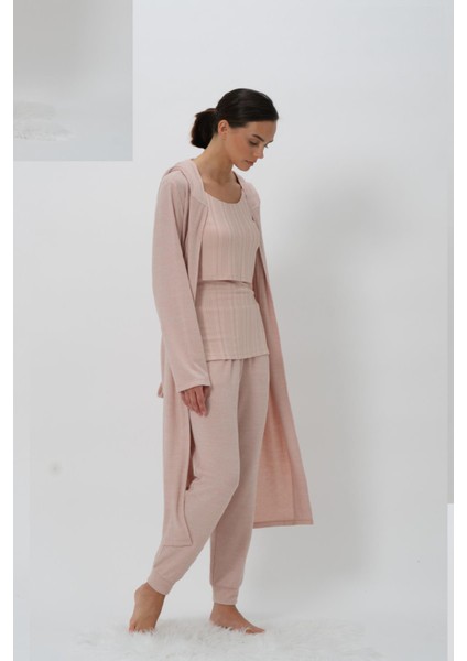 Kadın Kapüşonlu Pudra Sabahlık Yumuşacık CTN82