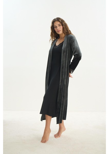 Kadın Siyah Kadife Gecelik & Sabahlık Takım C0T2N2O61